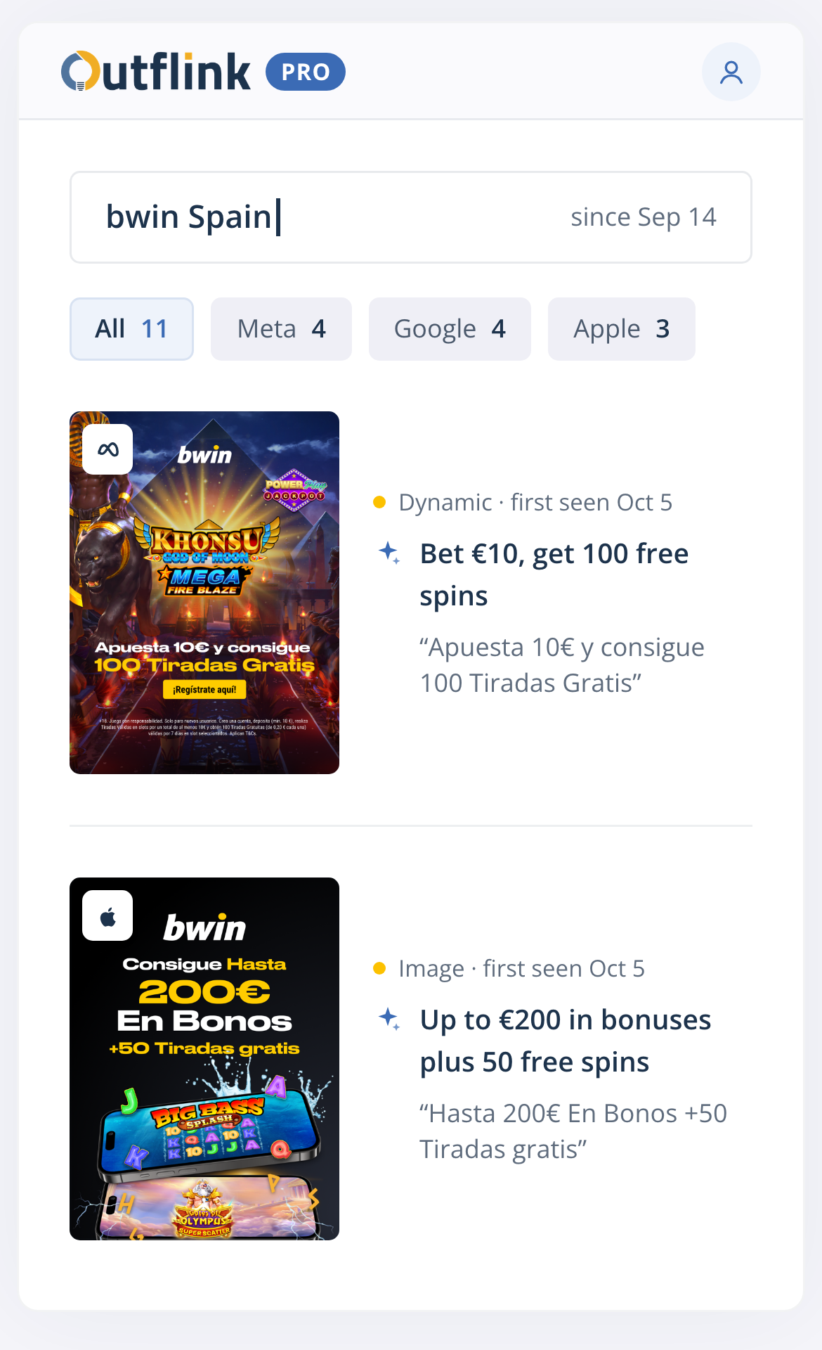 Competitor search: one rival brand typed in, its offer count on Meta, Google and Apple Ads, and its current ads with each offer read out in plain words.